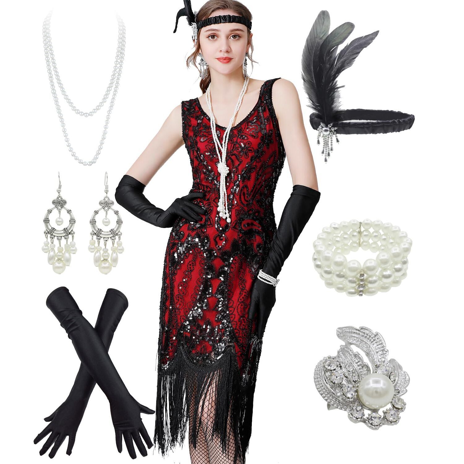 8814 1920s Vintage Peacock Sequin Fringed Party Flapper Dress W
